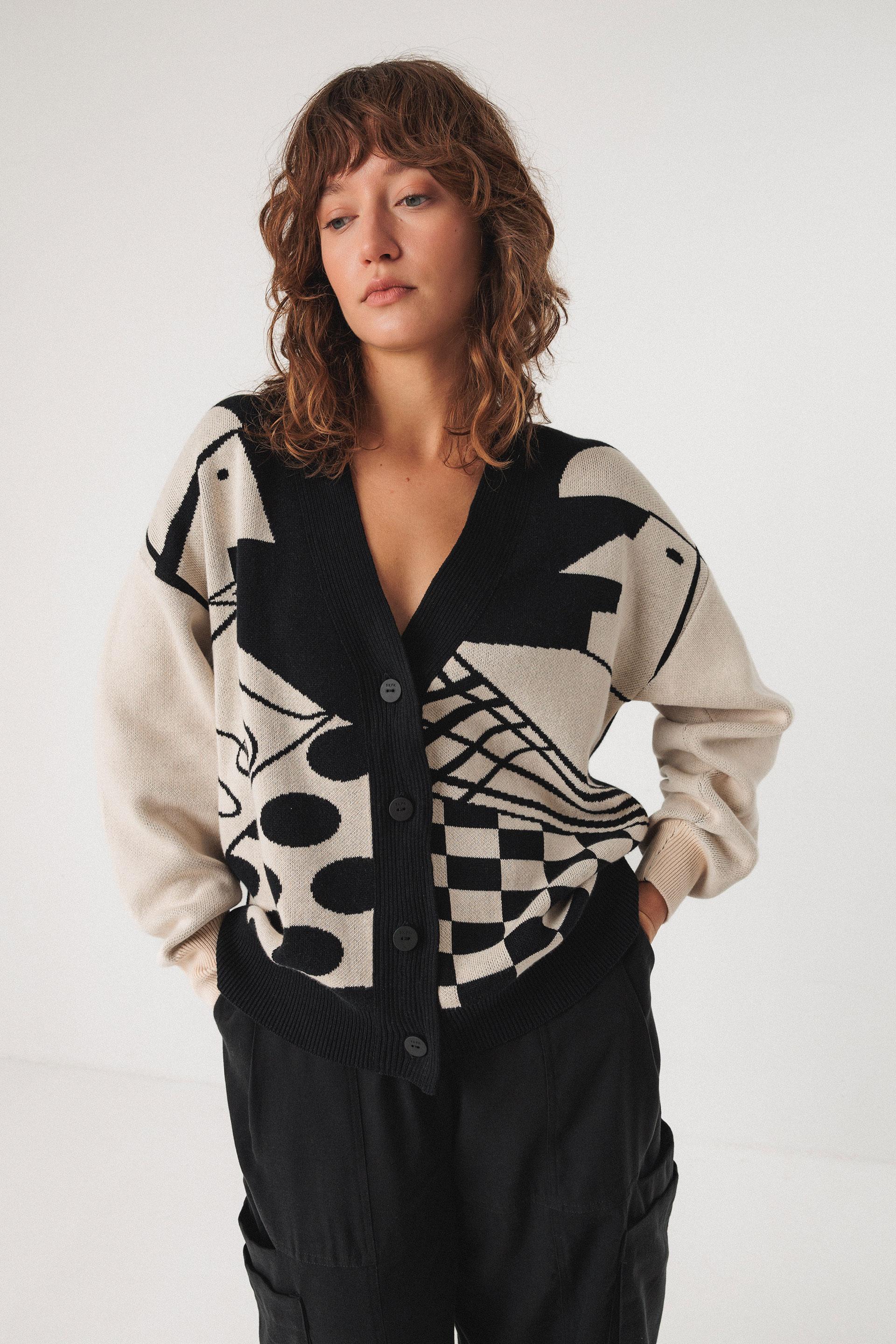 SKFK Batirtze Sweater Damen Jacquard Cardigan schwarz weiß